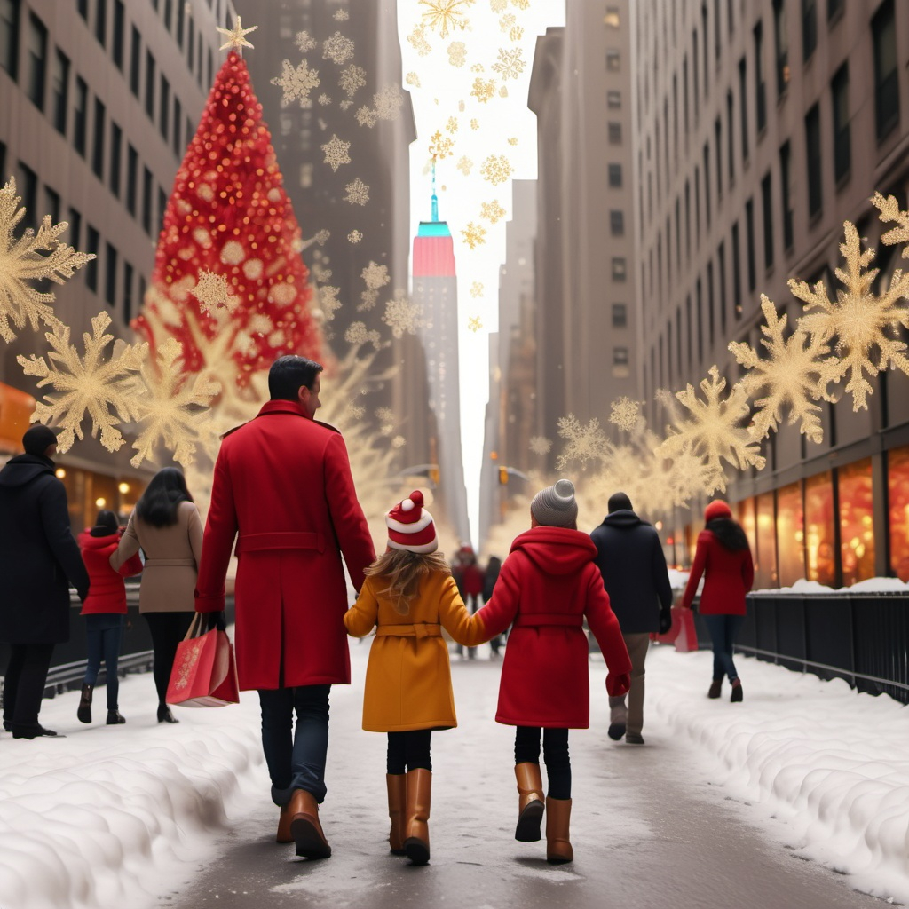 a group of people walking down a street with a large christmas tree