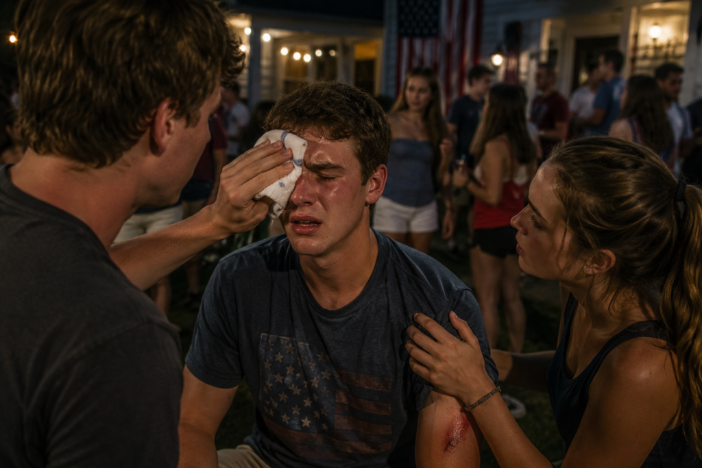 Fireworks and Your Eyes 2 Teenager receiving first aid outdoors.