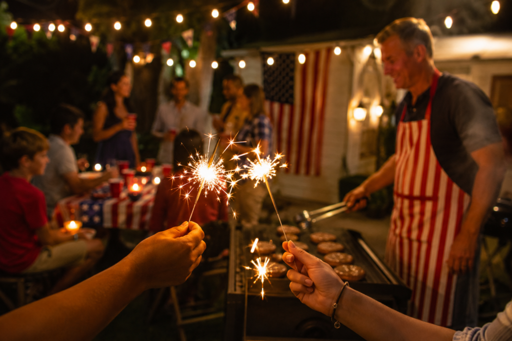 Fireworks and Your Eyes 3 Celebration with sparklers and barbecue